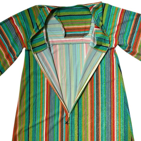 70s vintage stripe towel bell sleeve caftan dress terry cloth multicolour loose. - Picture 6 of 6